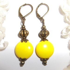 Earrings, Yellow Earrings, Boho Earrings, Bronze Earrings, Dangle Earrings 7194